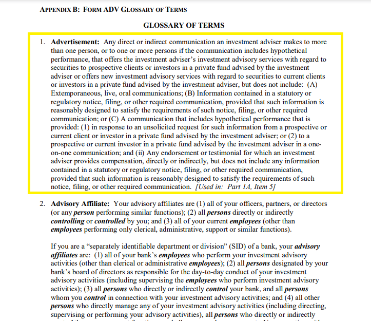 Form ADV Glossary Definition of Advertisement with new RIA Marketing Rule