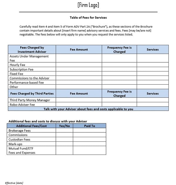 RIA fee table template download for Massachusetts