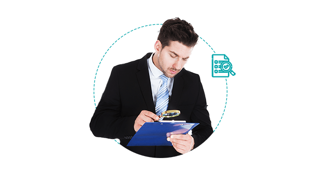 Man looking at clipboard with magnifying glass, dashed teal circle around the image