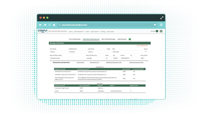 ComplianceGuardian platform screenshot, Individual Disclosures screen