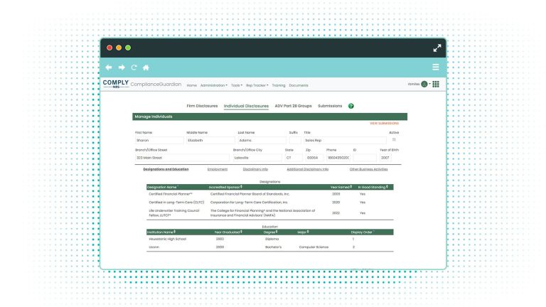 Product screenshot of ComplianceGuardian platform, Form ADV