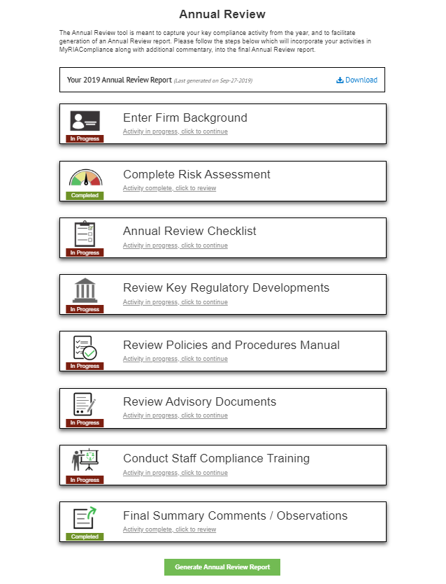 RIA annual compliance program review software Rule 206(4)-7