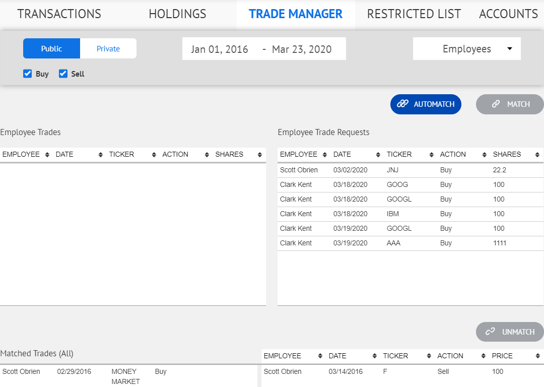 RIA ETM personal securities trading tracking