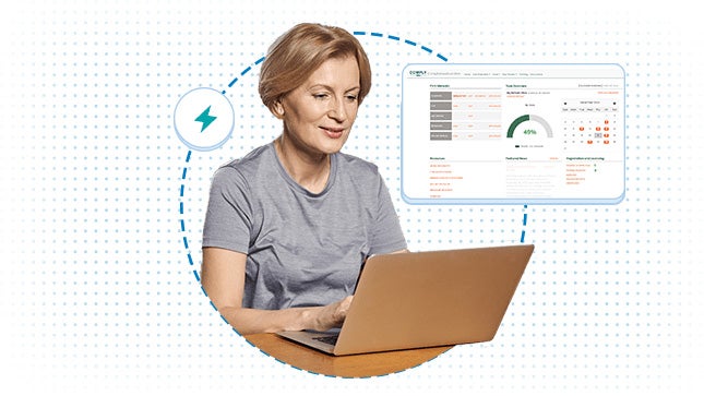 Woman looking at laptop on desk, product screenshot of ComplianceGuardian platform on right side