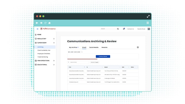 The RIA in a Box Platform, Communications Archiving and Review Screenshot
