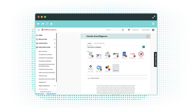 RIA in a Box Platform screenshot, Vendor Due Diligence homepage